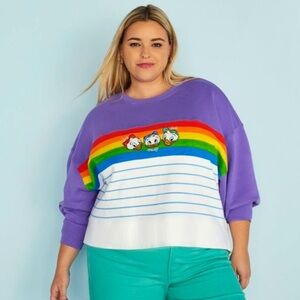 Disney Huey, Dewey, & Louie Cropped Sweatshirt Rainbow Stripes EUC